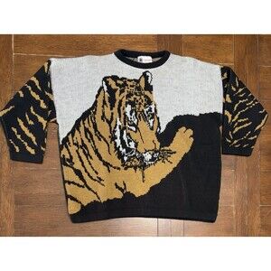 Vintage 80s Turtle Bay Tiger Knit Sweater Made In USA Womens Size Large